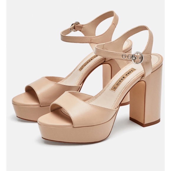 Zara Basic Leather Platform Heel Sandals S…